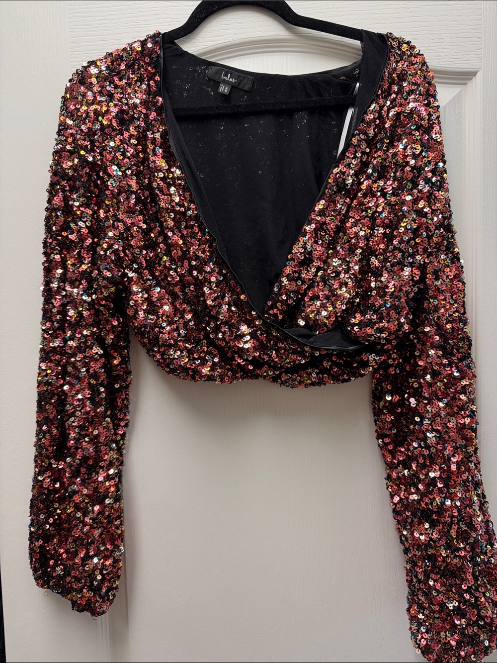 Lulu's Rose Gold Sequin Long-Sleeve Crop Wrap Top